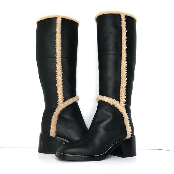 Gucci Shearling Trim Black Leather Knee High Pull On Riding Boots 37 - Picture 4 of 10